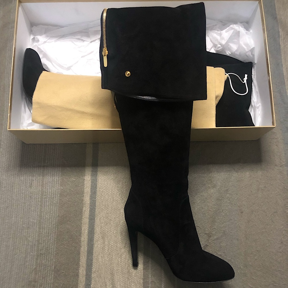 NEW Sergio Rossi Suede Over-The-Knee Heels Black with Gold Zippers